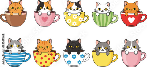 Cute kittens sitting in colorful teacups vector set with various cat breedsCute kittens sitting in colorful teacups vector set with various cat breeds