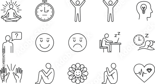 Mental health icons, emotional wellness, mindfulness, sleep, clarity, happiness, sadness, fatigue, therapy, positivity, vector line art, minimal design