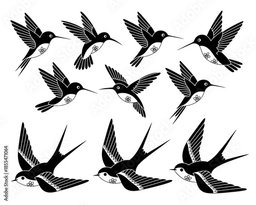set of silhouettes of birds