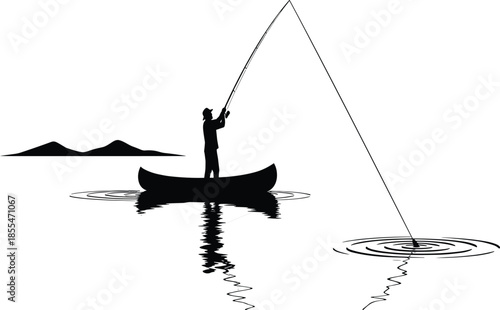 Silhouette of fisherman standing in small boat fishing on calm lake with mountains in background flat vector illustration isolated on white background