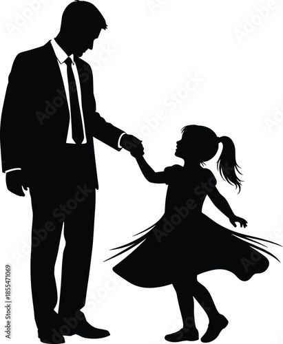Silhouette of father in suit holding hand of daughter in dress dancing together as family flat vector illustration isolated on white background