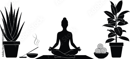 Silhouette of woman practicing yoga meditation in lotus pose with houseplants and incense flat vector illustration isolated on white background for wellness