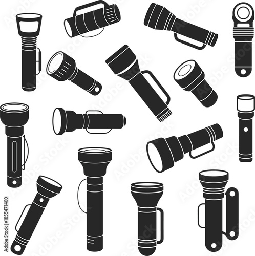 Flashlight Silhouette Vector Set, Handheld Torch Collection for Camping, Emergency, and Security Use, Black and White Graphic Design Element Pack