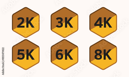 Gold Resolution Badge Set – 2K 3K 4K 5K 6K 8K Hexagon Icons for Ultra HD Video Quality
