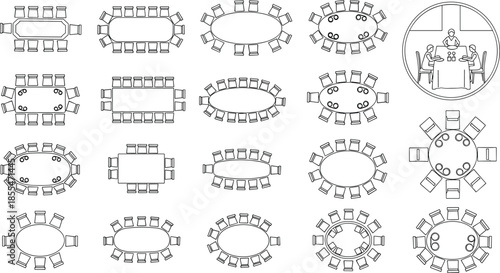 Meeting room table layout icons with various conference table designs, seating arrangements, office planning elements, and boardroom furniture illustrations