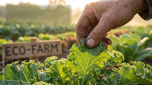 Hand picking fresh green leafy vegetable in ecofriendly farm field