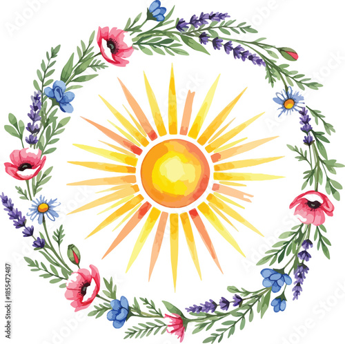 Summer Solstice Sun Illustration with a Colorful Wildflower Wreath and Lavender Sprigs , Generative Ai