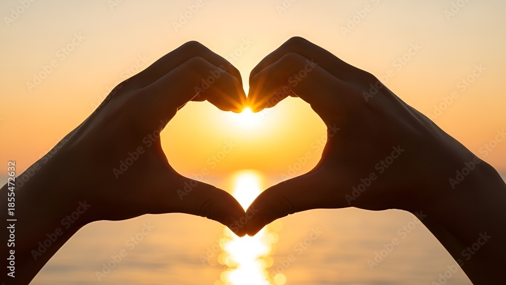 Fototapeta premium Hands forming heart shape during sunset over ocean expressing love and affection