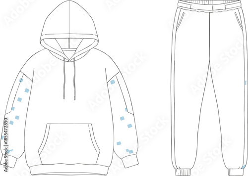 Black hoodie sweatpants set, abstract blue sleeve detail, fashion vector, cad drawing, flat vector, apparel mockup, clothing template, casual wear