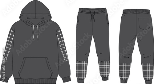 Dark grid hoodie sweatpants set, geometric pattern casualwear, fashion vector, cad drawing, flat vector, apparel mockup, clothing template, streetwear