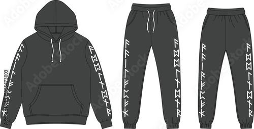 Dark hoodie sweatpants set, white runic symbol design, fashion vector, cad drawing, flat vector, apparel mockup, clothing template, streetwear concept