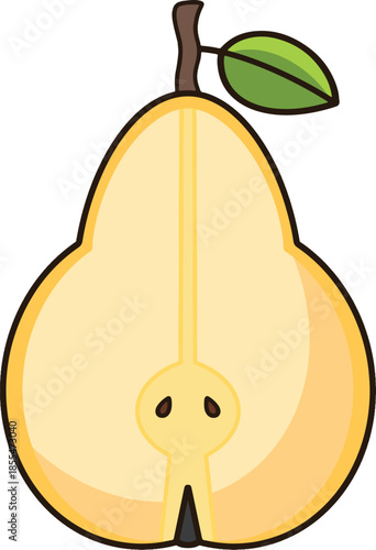 A yellow cartoon pear with a leaf still attached, cut in half.