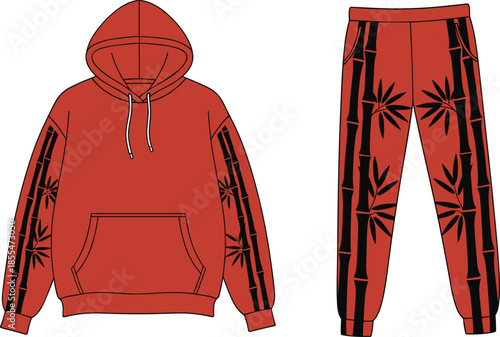 Red bamboo hoodie sweatpants set, black sleeve leg pattern, fashion vector, cad drawing, flat vector, apparel mockup, clothing template, streetwear