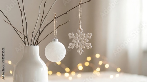 Minimalist Christmas Decoration with Snowflake Ornament and White Bauble