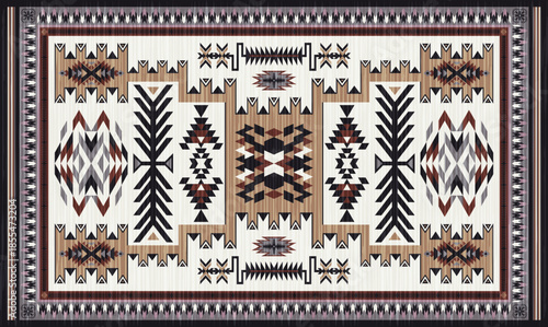 Navajo storm pattern rug style vector.Sacred mountain symbolism with central rectangular motif connecting four corners.Representing weather,lightning.Carpet southwestern tribal geometric illustration.