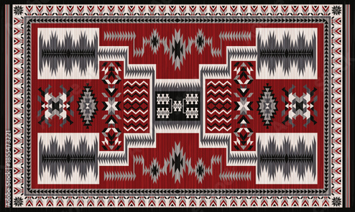 Navajo storm pattern rug style vector.Sacred mountain symbolism with central rectangular motif connecting four corners.Representing weather,lightning.Carpet southwestern tribal geometric illustration.