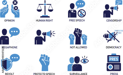 Free speech and human rights icons set, censorship democracy surveillance opinion press symbols, modern flat vector illustration for social politics concepts