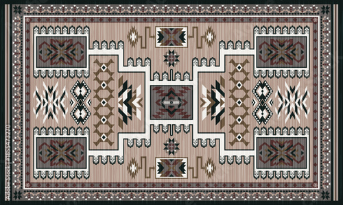 Navajo storm pattern rug style vector.Sacred mountain symbolism with central rectangular motif connecting four corners.Representing weather,lightning.Carpet southwestern tribal geometric illustration.