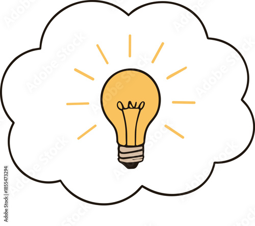 Glowing yellow light bulb icon inside a thought bubble outline representing creative ideas, inspiration, innovation, and brain thinking.