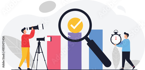 Business data auditing and performance tracking concept with people analyzing charts and time managemen