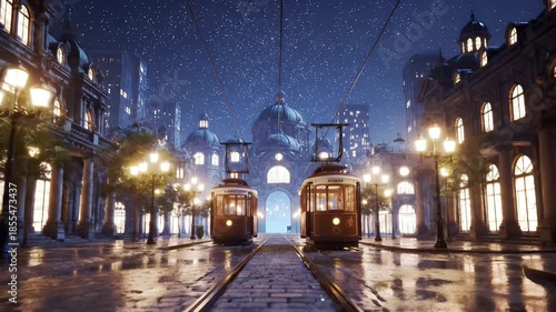Nighttime Rainy City Street with Central Tram and Glowing Historic Buildings
