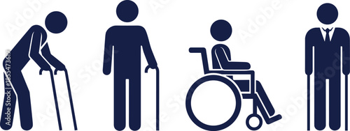 Disability assistance icons set, elderly mobility wheelchair cane support concept, accessibility inclusion healthcare symbols, flat vector illustration design