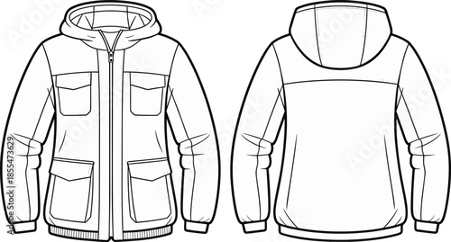 Front and back hooded jacket, cad drawing, flat vector illustration, technical outerwear design, utility fashion template, isolated clothing mockup