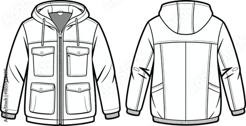 Front and back hooded jacket, cad drawing, flat vector illustration, technical fashion design, utility outerwear template, isolated apparel mockup