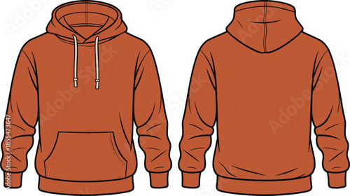 Front and back hoodie sweatshirt, cad drawing, flat vector illustration, casual apparel design, fashion template, isolated clothing mockup