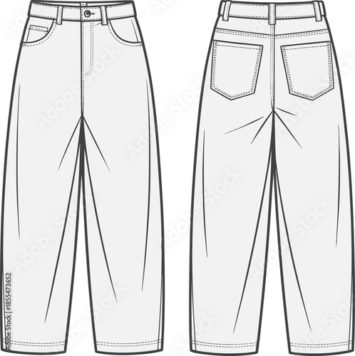 High waist wide leg pants fashion flat sketch, technical garment construction drawing, front and back view vector illustration, clothing design
