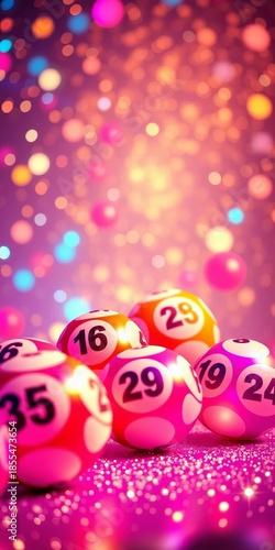 Glowing bingo lotto game balls with lucky numbers on a sparkling background, perfect for TV shows, keno, raffle, lottery tickets, gambling, and win chance games, gambling, win