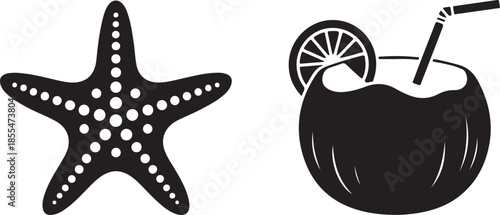 Tropical Summer Vacation Concept with Starfish and Coconut Drink Illustration