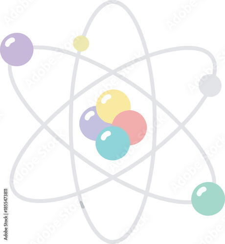 abstract representation of atomic structure with colorful spheres and orbitals