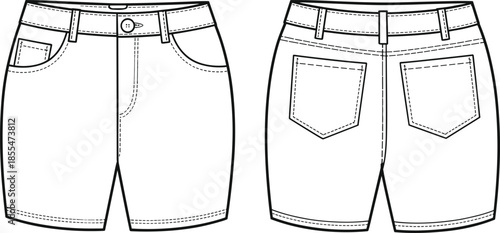 Technical fashion flat sketch shorts front back view, waistband belt loops pockets zipper fly, garment construction drawing vector illustration clothing design