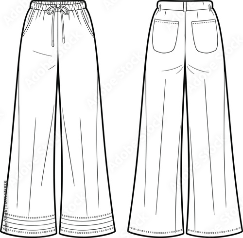 Technical fashion flat sketch wide leg pants front back view, waistband drawstring pockets seams stitching, garment construction drawing vector illustration clothing design