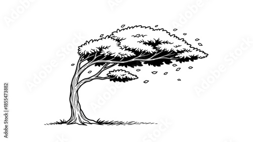 High-Quality Black Outline Art of Tree Bending in the Wind