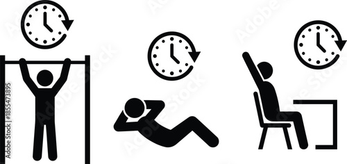 Daily routine activity icons, exercise rest work time management concept, human lifestyle schedule symbols, productivity balance, flat vector illustration