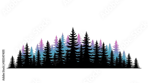 High-Quality Black Outline Colorful Art of Forest Edge with Group of Trees