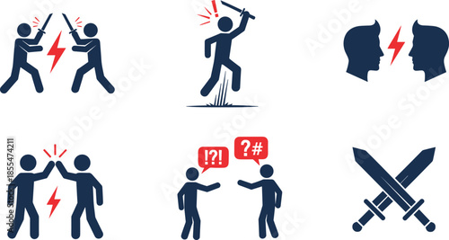 Conflict and confrontation icons set, people fighting arguing with swords symbols, flat vector illustration for violence, dispute, aggression concepts