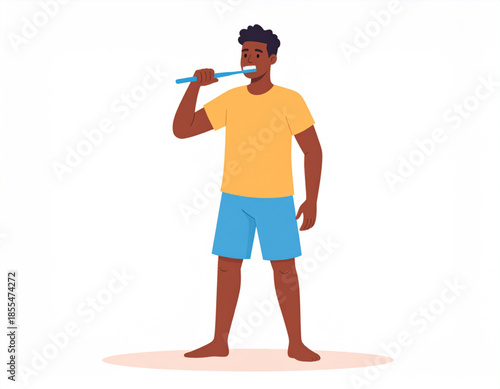 Young Black man brushing his teeth, standing in a yellow t-shirt and blue shorts, practicing oral hygiene.