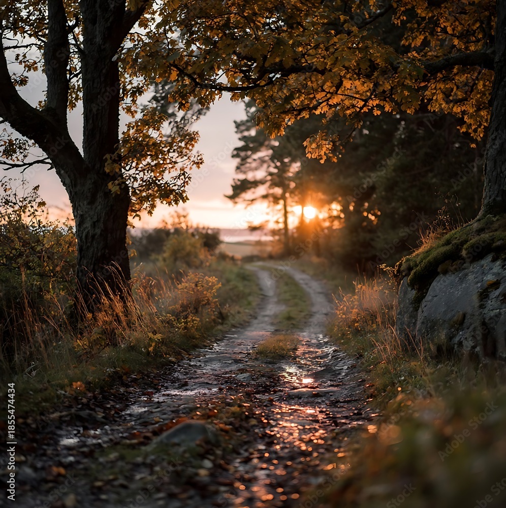 Obraz premium Serene autumn landscape with winding dirt road at sunset