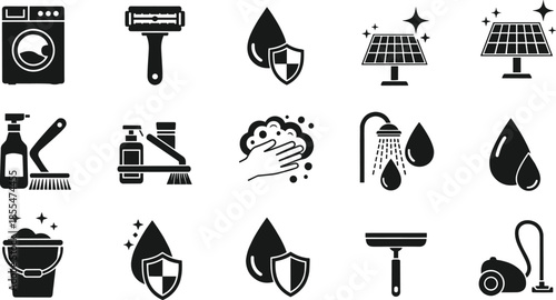 Cleaning service icons set, eco friendly hygiene symbols, home sanitation equipment, water saving concept, household maintenance, renewable energy illustration