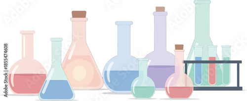 Colorful laboratory glassware with liquids in various shapes and sizes illustrating scientific