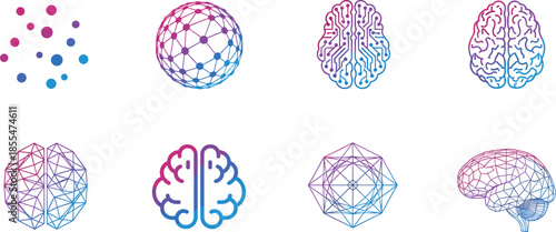 Set of digital brain icons with neural networks and geometric patterns representing artificial intelligence, machine learning, and data science.
