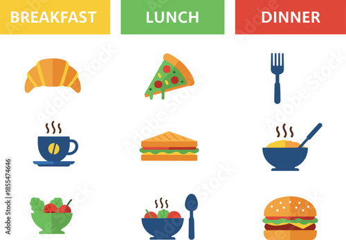 Breakfast lunch dinner meal icons set, daily food menu illustration, healthy eating concept, flat vector design for restaurant nutrition planning