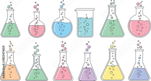 Illustration of laboratory glassware containing colorful liquids and bubbles for science