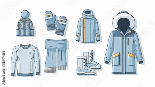 Winter clothing collection featuring hats, gloves, coats, sweaters, pants, and boots displayed against a white background.