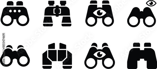 Binoculars icon set, surveillance observation vision symbols, optical search equipment, security monitoring concept, black silhouette flat vector illustration collection