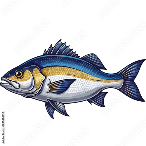 Luxury seafood logo, realistic fish illustration with rich blue and gold colors, premium vector logo design