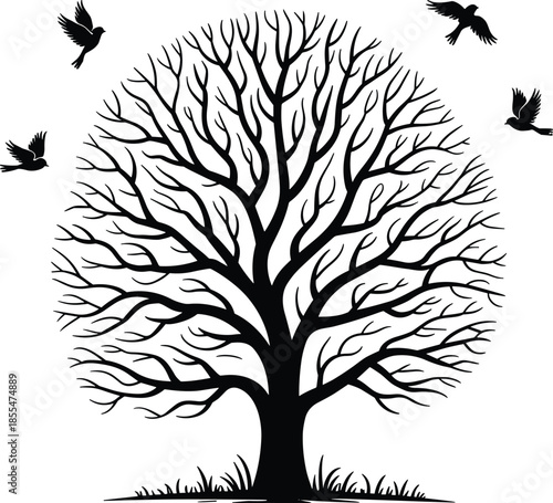 Black tree silhouette with flying birds, bare branches nature illustration, minimal forest design, mystical winter landscape art concept, symbolic background